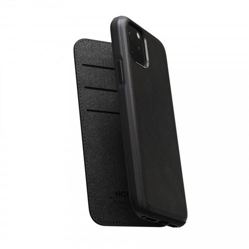 Nomad Rugged Folio - Flip cover voor mobiele telefoon - polycarbonaat, thermoplastic elastomeer (TPE), Horween-leer - zwart - voor Apple iPhone 11