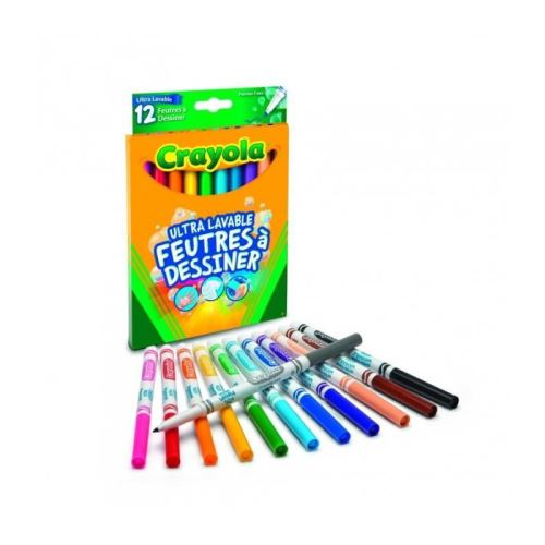 crayola - 12 feutres a dessiner ultra lavables (pointe fine) - boîte française - se nettoie sans frotter