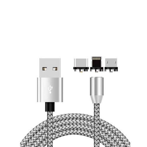 Câble Magnétique Micro USB, USB-C et Lightning (IPhone) Smartphone. Couleur Silver Longueur ; 1 mètre