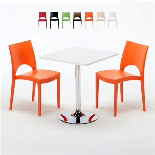 Table Carrée Blanche 70x70cm Avec 2 Chaises Colorées Grand Soleil Set Intérieur Bar Café Paris Cocktail, Couleur: Orange