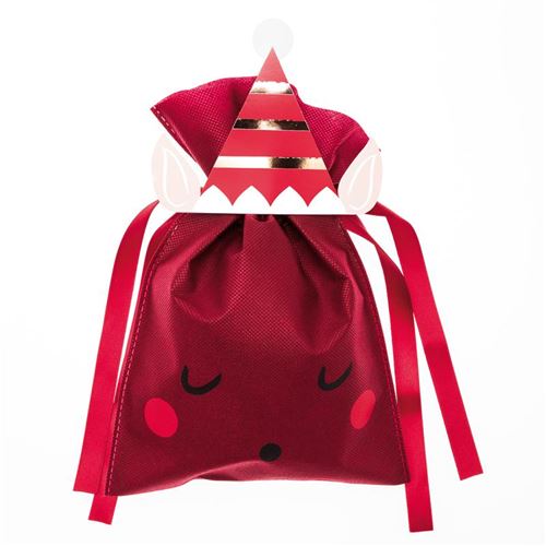 Petit Sac Cadeau en tissu Rouge Bordeaux - Lutin de Noël - 20 x 30 cm