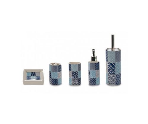 Set Salle de Bain Céramique Blanc et Bleu Façon Carreaux de Ciment - 5 pièces