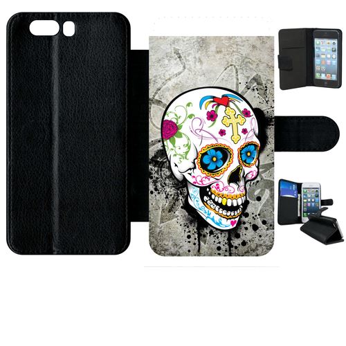 Etui À Rabat Huawei P10+ Plus Skull Fleur Bleu Fond Gris