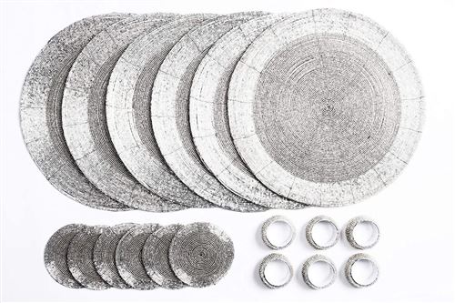 Penguin Home® Ensemble de Sous-Verres, Ronds de Serviette et Sets Table Ronds Perles Verre 18 Pièces, Argent