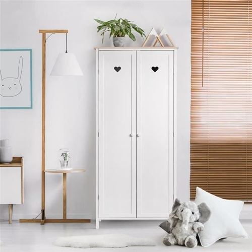 Armoire enfant - MDF et pin massif - Décor chene et laqué blanc - 2 portes - L80 x P50 x H180 cm - HARO