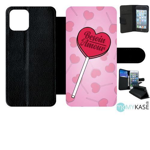 Etui My-Kase pour iPhone 11 Pro - besoin damour fond rose pale - Simili-cuir Noir