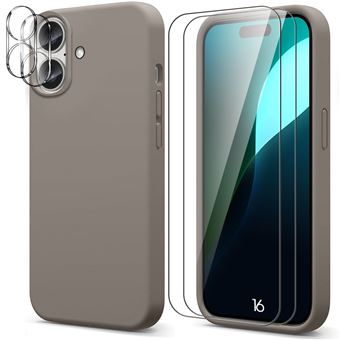 Coque pour iPhone 16 Silicone Gris + 2 Vitres Verre Trempé et 2 Verres Caméra Arrière - BOOLING - 1