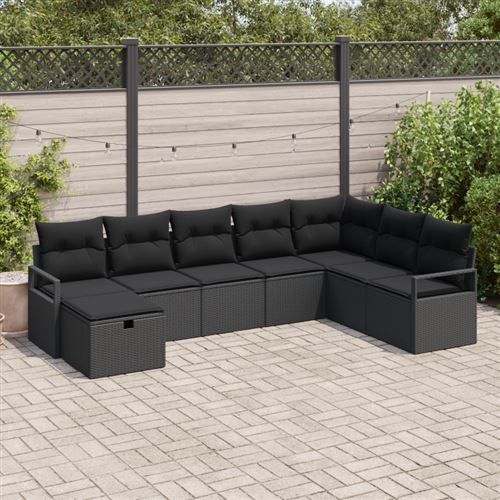 Canapé de Jardin en 8 Pièces avec Coussins en Rattan Noir