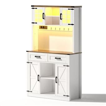 YeMaster Meuble de bar, rangement de cuisine avec éclairage LED et prises, table de bar à café, étagères réglables, blanc - 1
