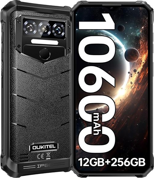OUKITEL WP38 Téléphone Portable 2024-12Go+256Go/1To, 10600mAh/18W Smartphone Android 13, 6.52 HD+ IPS, 13MP, Telephone de Chantier 4G Dual SIM/NFC/GPS/Face ID/Fingerprint-NOIR