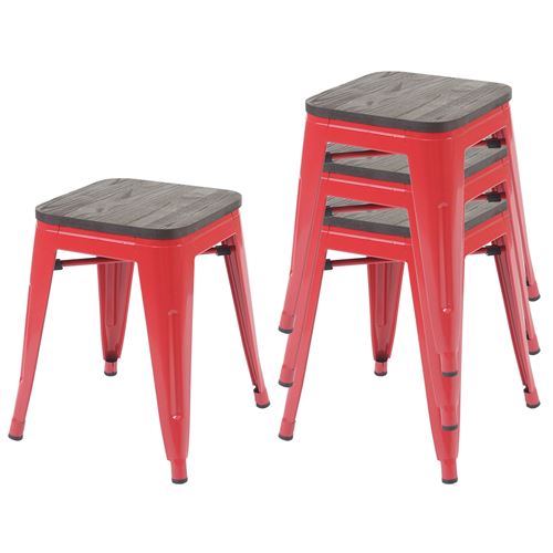 Mendler - Tabouret HWC-A73 - Style Industriel - Métal - Rouge - Lot de 4 - Image 3