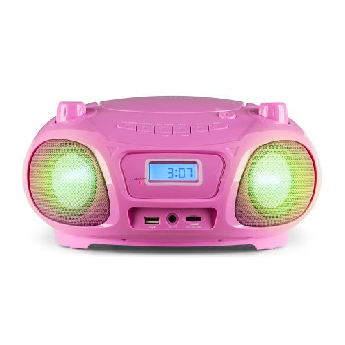 Roadie Sing CD Boombox avec radio FM et spectacle lumineux, Lecteur CD, Radio FM, Bluetooth 5.0, Effet lumineux LED disco, USB, AUX IN, Prise  jack 3,5 mm pour écouteurs
