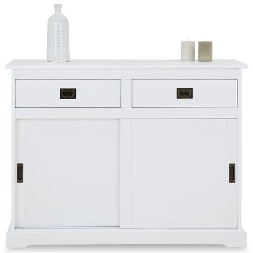 Buffet SAVONA en pin massif, 2 tiroirs et 2 portes, lasuré blanc