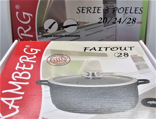 Lot 3 Poêles 20/24/28 cm et manche amovible et faitout 28cm, induction, antiadhésive, Kamberg