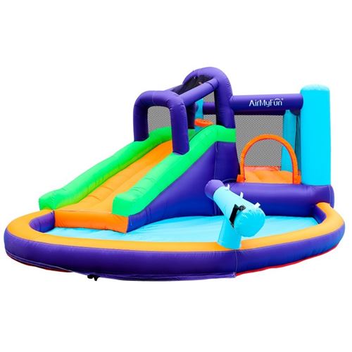 Château Aquatique Gonflable Magic Island avec toboggan et canons à eau, 430x380x190 cm - souffleur et sac de rangement inclus
