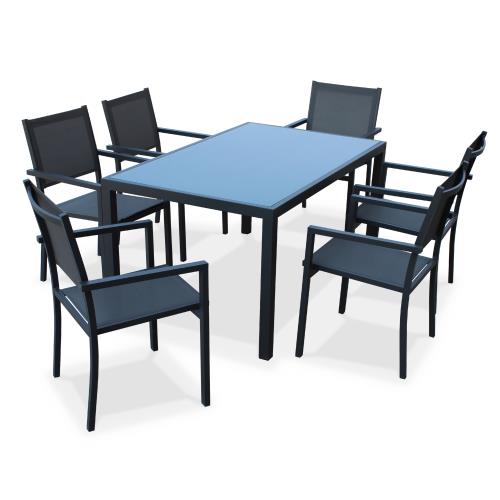 Sweeek Salon de jardin en aluminium et textilène - Capua - Anthracite gris - 6 places - 1 grande table rectangulaire 6 fauteuils empilables