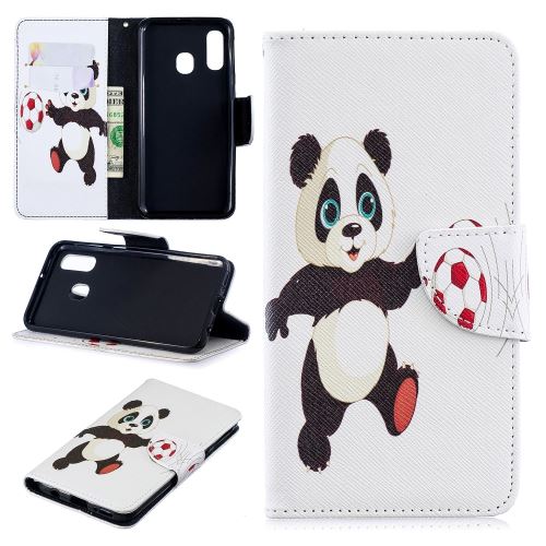Etui en PU impression de motifs panda joue au football pour votre Samsung Galaxy A40