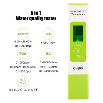 16€25 sur Testeur de qualité de l'eau C-100 multifonctionnel 5 en 1  salinité TDS EC stylo de test d'eau de mer détecteur - Accessoires piscines  spa et jacuzzis - Achat & prix
