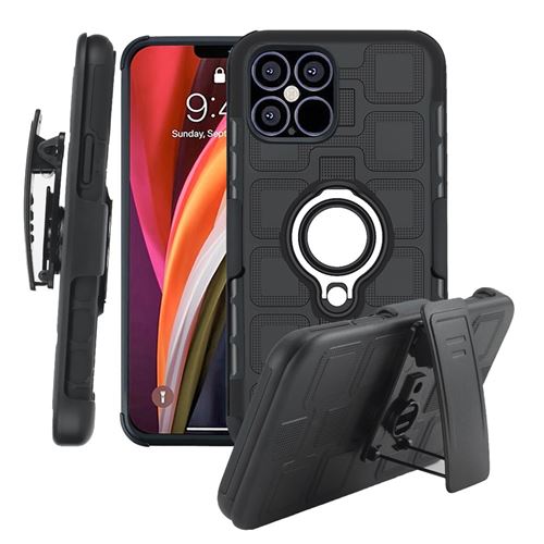 Coque en TPU motif géométrique hybride avec support de bague magnétique pour voiture et clip de ceinture noir pour votre Apple iPhone 12 Pro Max 6.7 pouces