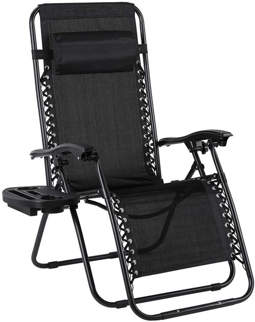 Chaise longue pliante, FLYCCC,avec porte-gobelet et appui-tête réglable, chaise longue / chaise de jardin ergonomique et respirante avec structure en acier, noir