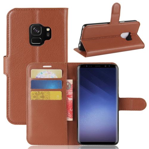 Etui en PU la de litchis se tenir en arrière marron pour Samsung Galaxy S9