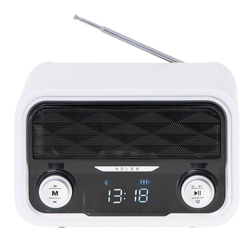 Adler AD1185 Radio Bluetooth, Tuner FM,Lecture MP3, Port USB et carte SD, Sans Fil, Portable Blanco