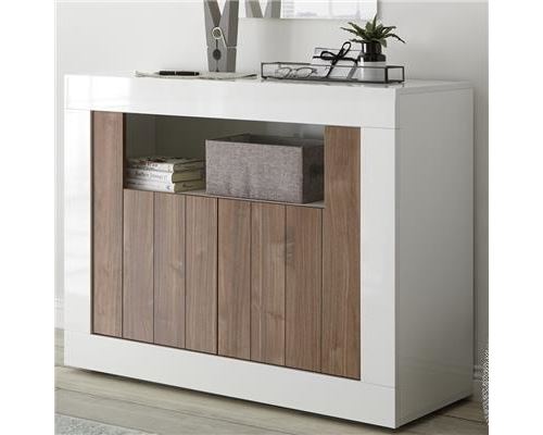 Bahut 110 cm moderne blanc et couleur noyer SERENA 4 - Blanc - L 110 x P 42 x H 86 cm