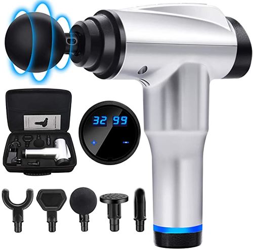  Pistolet de massage musculaire,LED Masseurs &eacute;lectriques Portables,R&eacute;glage de 32 vitesses,5 T&ecirc;tes de Massage Rempla?ables-argent 