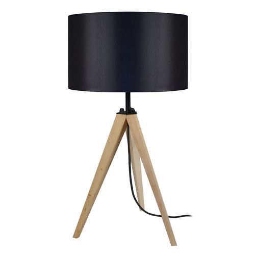 Idun lampe a poser trépied en bois naturel avec abat-jour cylindrique en coton noir e27 30x56 cm tosel 64871