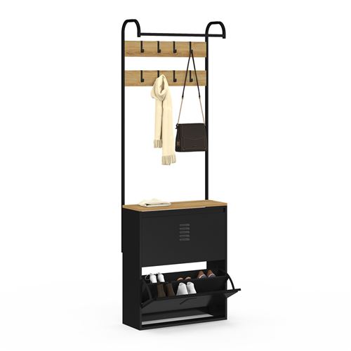 Vestiaire d'entrée avec meuble chaussures 2 portes en métal noir