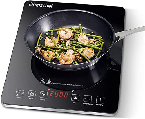 Plaque Induction Portable Amzchef, 2000W Avec Corps Mince, 10 Niveaux De Puissance, 10 Réglages De Température, Minuterie De 3 Heures, Bord Argenté
