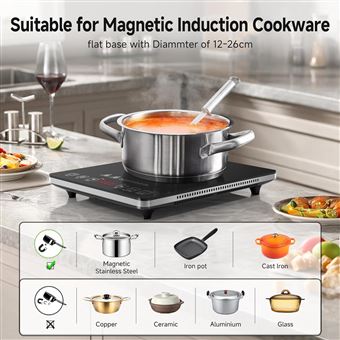 Plaque De Cuisson Portable 2000W NEWCHEF - 10 Niveaux, Minuterie, Écran LED, Pour Poêles Jusqu'à 19 Cm