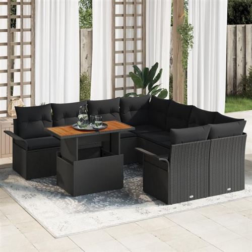 Non Communiqué Noir Ensemble De 9 Pièces De Canapés De Jardin Avec Coussins Poly Rattan, Canapé De Jardin 2 Places Avec Rangement & 3358053