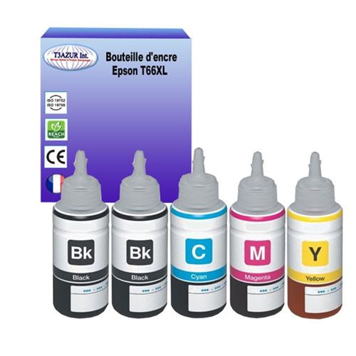 5 bouteilles encre compatibles avec T66XL pour Epson EcoTank ET2600, ET2610, ET2650 (70ml) - T3AZUR