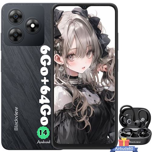 Blackview WAVE 8C Smartphone 6.56 6Go+64Go/2 To 4700mAh Dual SIM Noir avec Écouteurs Bluetooth Airbuds 60