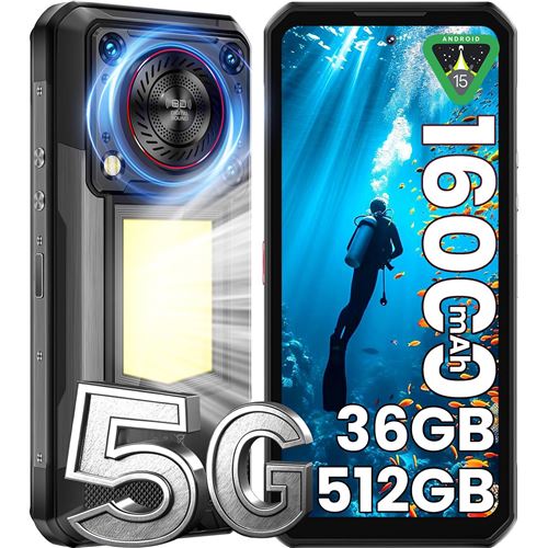 Smartphone Oukitel WP56 Noir : 6.8 FHD+,12Go+512Go+2To, 16000mAh, Android 15, Dual SIM 5G,NFC, Empreinte digitale, Lampe de Camp, Téléphone Portable-524g