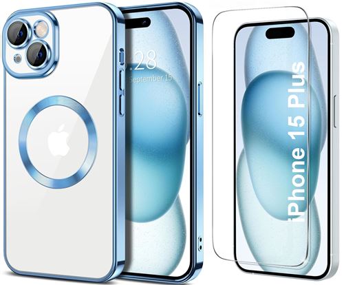 Coque Silicone Pour iPhone 15 Plus Couleur Bleu Compatible Magsafe + Verre Trempe Protection Ecran Little Boutik®