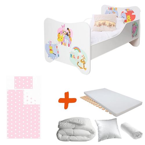Pack 8en1 Lit Junior Winnie Matelas + Oreiller + Couette + Taie+ Housse de couette +Drap housse