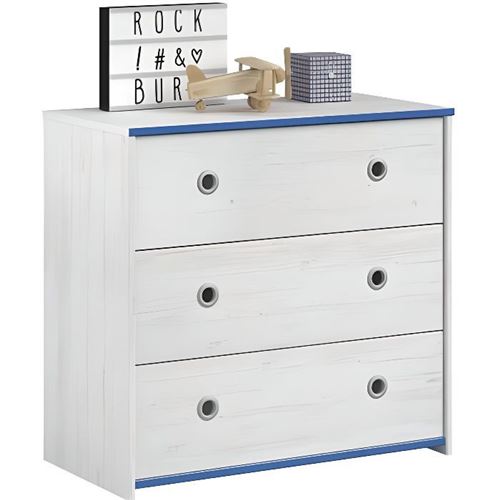 PARISOT Commode avec 3 tiroirs Smiley en agglomere, revetu dun decor blanc. Un cote des bords est bleu, lautre cote est rose.