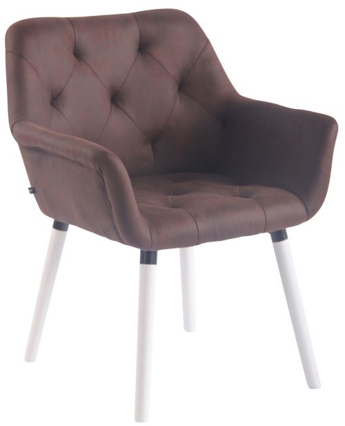 Chaise de Salle à manger Cassidy en Similicuir Vintage - Chaise de coiffeuse avec accoudoirs - Piètement Bois de Hêtre Blanc - Couleur Marron foncé