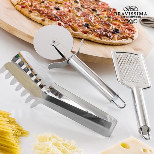 Ustensiles pour pizza et pâtes en acier Inoxydable (3 pièces) - Pince pour pâtes, Découpeur de pizza, Râpe à fromage