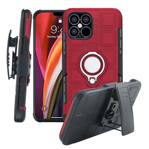 Coque en TPU motif géométrique hybride avec support de bague magnétique pour voiture et clip de ceinture rouge pour votre Apple iPhone 12 Pro Max 6.7 pouces