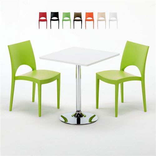 Table Carrée Blanche 70x70cm Avec 2 Chaises Colorées Grand Soleil Set Intérieur Bar Café Paris Cocktail, Couleur: Vert