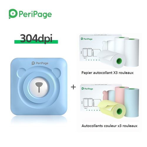 Imprimante thermique portable Bluetooth PeriPage A6 sans encre 304dpi Bleu Version Internationale avec 6 bâton papier