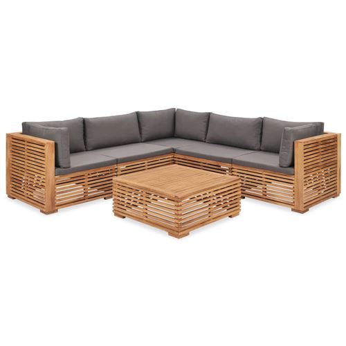 vidaXL Salon de jardin - Canapé d'angle 5 pièces + 1 table - Bois de teck solide cousin gris