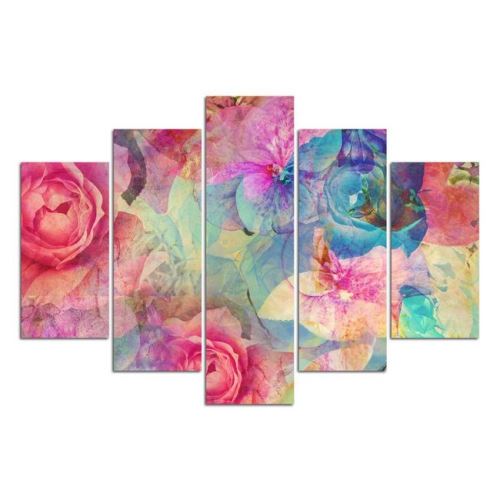 HOMEMANIA Set 5 Tableau 5 pz Sogno - Roses Colorées - pour Séjour, Chambre - en MDF, 108 x 70 cm