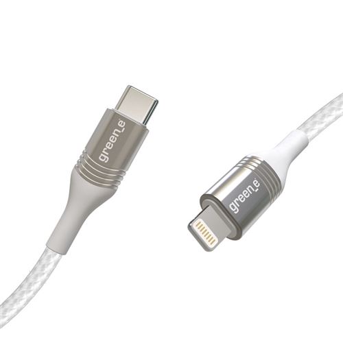 GREEN E - Cable Ecoconçu pour IPHONE 5/6/7/8/X/11/12 Lightning vers USB-C – Nylon - 1,20 m - BLANC