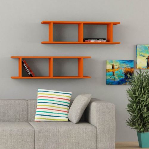 HOMEMANIA Set de 2 Étagères Ray - Murale Flottante, pour Livres - pour Séjour, Bureau, Chambre - Orange en Bois, 100 x 22 x 24 cm