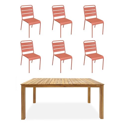 Sweeek Table intérieur / extérieur bois d'acacia + 6 chaises empilables en métal rose saumon