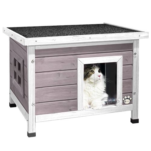 Maison pour Chat en bois Vounot avec toit bitumé autoportant et porte à lamelles PVC Gris